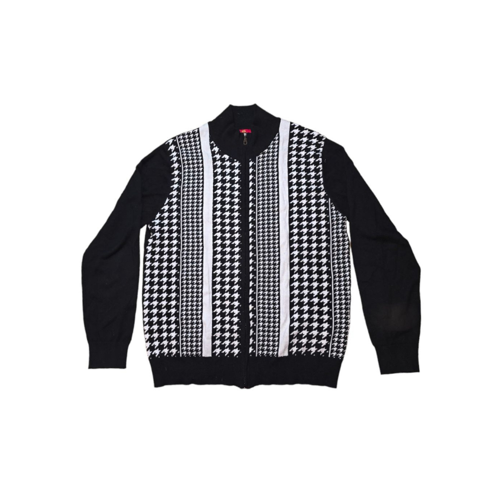 Men's R. Lewis Black and White Houndstooth Zip Cardigan Sweater XL